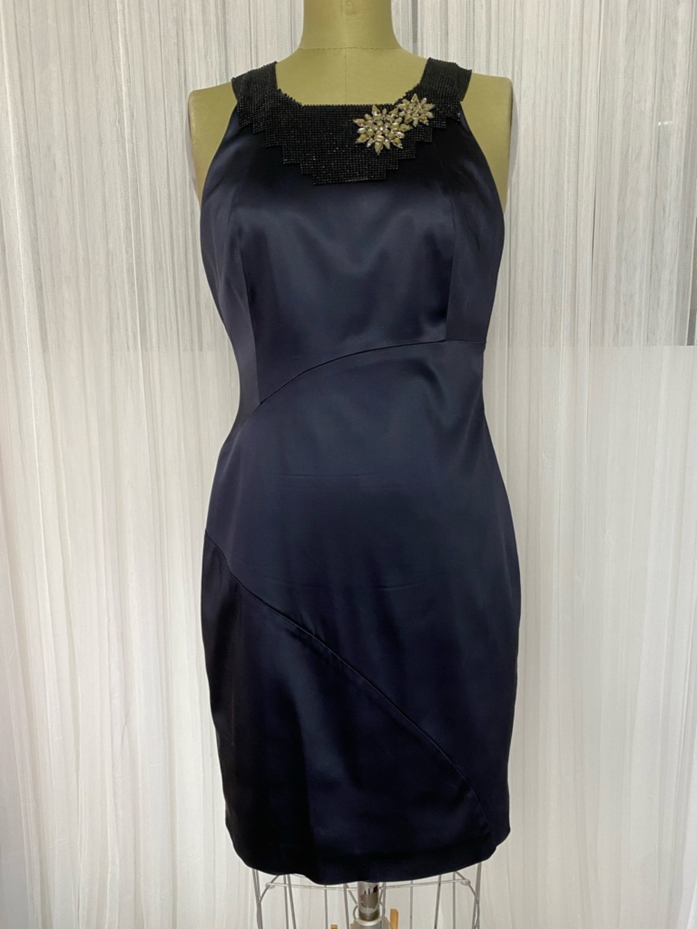 Nine West Dark Blue Stretchy  Satin Sheath Dress Black Mesh Collar Bejewelled 12